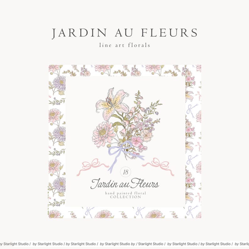 Op de afbeelding: Een bloemenillustratie met de tekst "JARDIN AU FLEURS" en "line art florals". De afbeelding toont een boeket bloemen in zachte roze, paarse en gele tinten, vastgebonden met een blauw lint. De tekst "Jardin au Fleurs" is ook aanwezig.