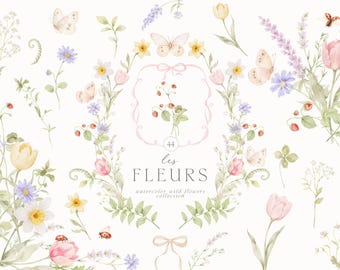 Aquarell Pastell Wildblumen Clipart Sammlung mit Marienkäfer und Schmetterlinge