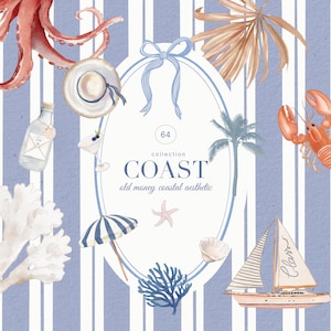 Clipart estetico con soldi costieri in acquerello - Clipart nautico dipinto a mano con acquerello - Clipart matrimonio costiero - Blu navy e beige - Corallo