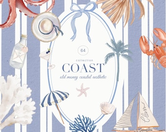 Clipart de acuarela de estilo costero con dinero antiguo - Clipart náutico pintado a mano - Clipart de boda costera - Azul marino y beige - Coral