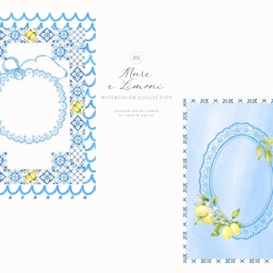 Peut inclure: Collection d'aquarelles intitul&eacute;e Mare e Limoni pr&eacute;sentant deux cadres rectangulaires. Un cadre a des motifs de carreaux bleus et un cercle en dentelle avec un ruban. L'autre a un fond bleu, un ovale en dentelle et des citrons jaunes.