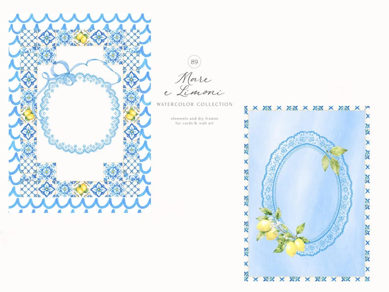 Peut inclure: Collection d'aquarelles intitul&eacute;e Mare e Limoni pr&eacute;sentant deux cadres rectangulaires. Un cadre a des motifs de carreaux bleus et un cercle en dentelle avec un ruban. L'autre a un fond bleu, un ovale en dentelle et des citrons jaunes.