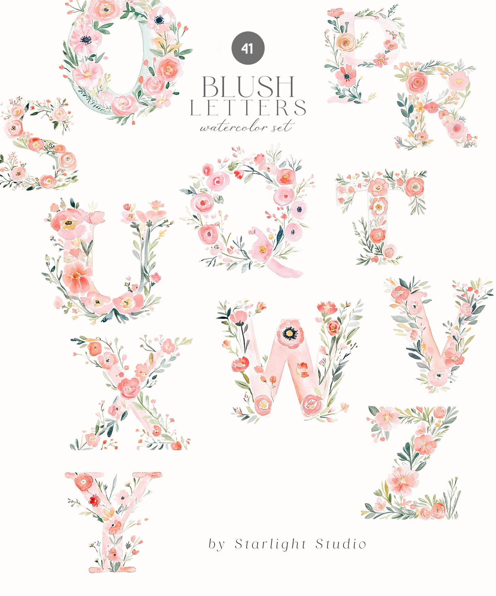 Watercolor Blush Alphabet - Blush Flowers - Floral Letters - Watercolor ...