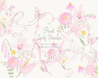 May include: A collection of watercolor illustrations featuring pink flowers, green foliage, and butterflies intertwined with flowing white ribbons. The central text reads 50 Pink Curly Garden watercolor quirky florals ARRANGEMENTS & ELEMENTS.