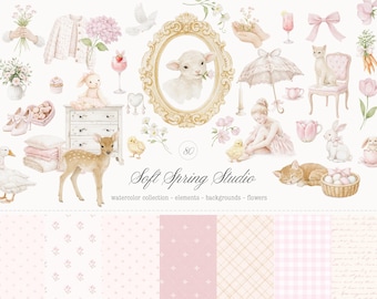 May include: Watercolor illustrations of spring-themed elements. Includes a lamb in a gold frame, a fawn, a duck, a girl in a pink dress, a cat, a bunny, flowers, and patterned backgrounds. The text "Soft Spring Studio" is also present.