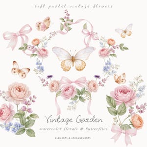 May include: A watercolour illustration of soft pastel vintage flowers and butterflies. The image features pink roses, peach-coloured flowers, blue accents, and butterflies. Pink ribbons and the text "Vintage Garden" are also present.