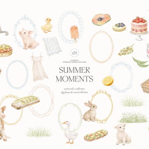 Puede incluir: Ilustraci&oacute;n en acuarela con elementos veraniegos. Incluye un gato, un cerdito, un patito, un vestido, cupcakes, pastel, una cabra, papaya, lim&oacute;n, un conejo, un cordero, un perro y una cesta de zanahorias. El texto dice "Summer Moments".