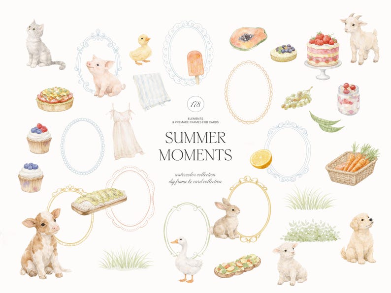 Puede incluir: Ilustraci&oacute;n en acuarela con elementos veraniegos. Incluye un gato, un cerdito, un patito, un vestido, cupcakes, pastel, una cabra, papaya, lim&oacute;n, un conejo, un cordero, un perro y una cesta de zanahorias. El texto dice "Summer Moments".