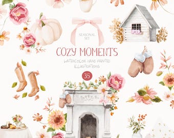 Puede incluir: Ilustraciones en acuarela con un tema otoñal acogedor. La imagen incluye una calabaza blanca, flores, una casita, una chimenea, mitones y el texto "COZY MOMENTS".