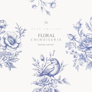 Clipart bloemenchinoiserie - bloemenboeketten - chinoiserie - chinoiserieboeketten - blauw - chinoiseriekransen - licentie onbeperkte verkoop
