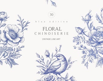Imágenes prediseñadas de flores chinoiserie - Ramos florales - Chinoiserie - Ramos de chinoiserie - Azul - Coronas de chinoiserie - Licencia de venta ilimitada