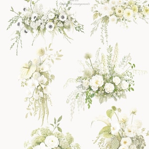 Pu&ograve; includere: Una collezione di sei composizioni floreali in stile acquerello nei toni del bianco e del verde salvia. Il testo in alto recita Floral Epoque fine art bouquets & arrangements. I disegni presentano vari fiori, fogliame e verde.