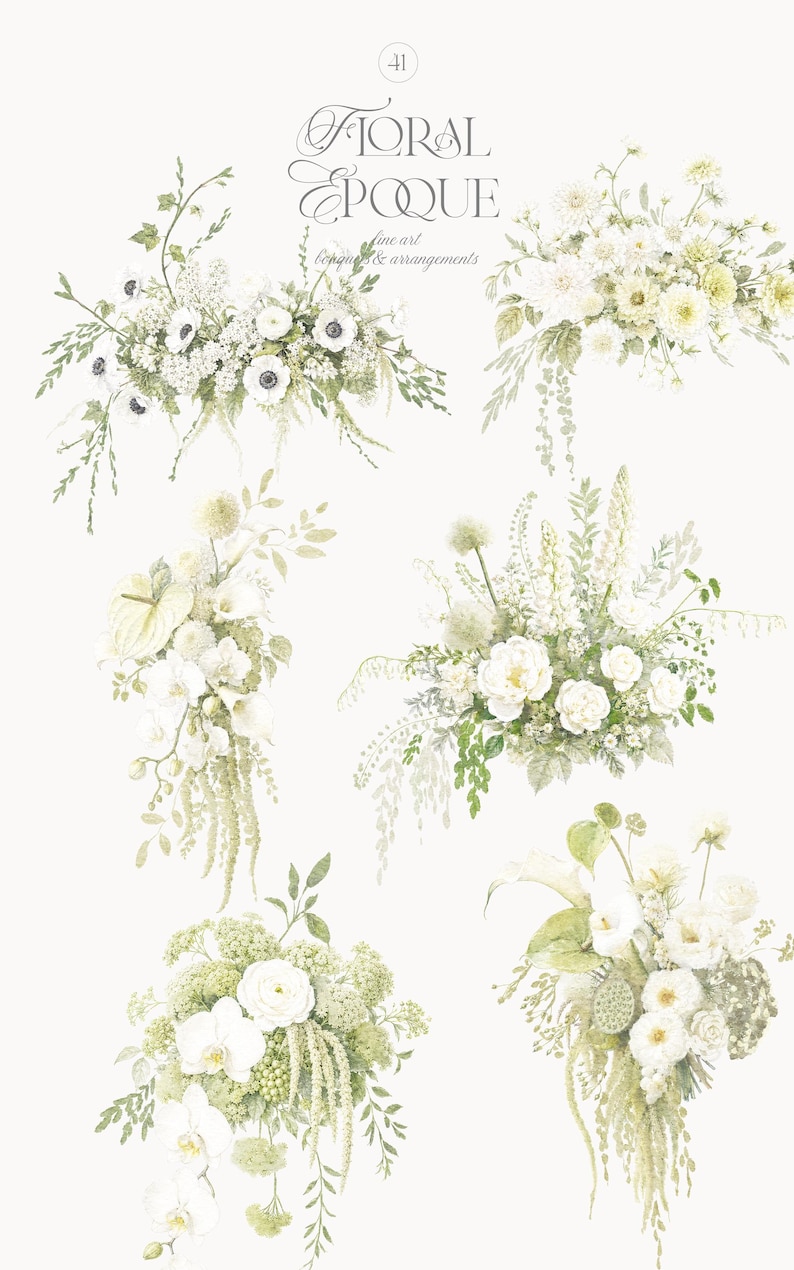 Pu&ograve; includere: Una collezione di sei composizioni floreali in stile acquerello nei toni del bianco e del verde salvia. Il testo in alto recita Floral Epoque fine art bouquets & arrangements. I disegni presentano vari fiori, fogliame e verde.