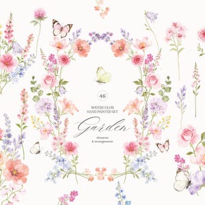 Pode incluir: Uma coleção de ilustrações em aguarela com flores cor-de-rosa, pêssego e roxas, folhagem verde e borboletas dispostas numa coroa oval central e em ramos separados. O texto diz 46 WATERCOLOR HAND PAINTED SET Garden.