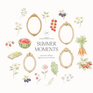 Puede incluir: Ilustraci&oacute;n en acuarela con el texto "Summer Moments" con marcos ovalados dorados, fresas, sand&iacute;a, moras, zanahorias y flores. La imagen es una colecci&oacute;n de elementos y marcos prefabricados para tarjetas.