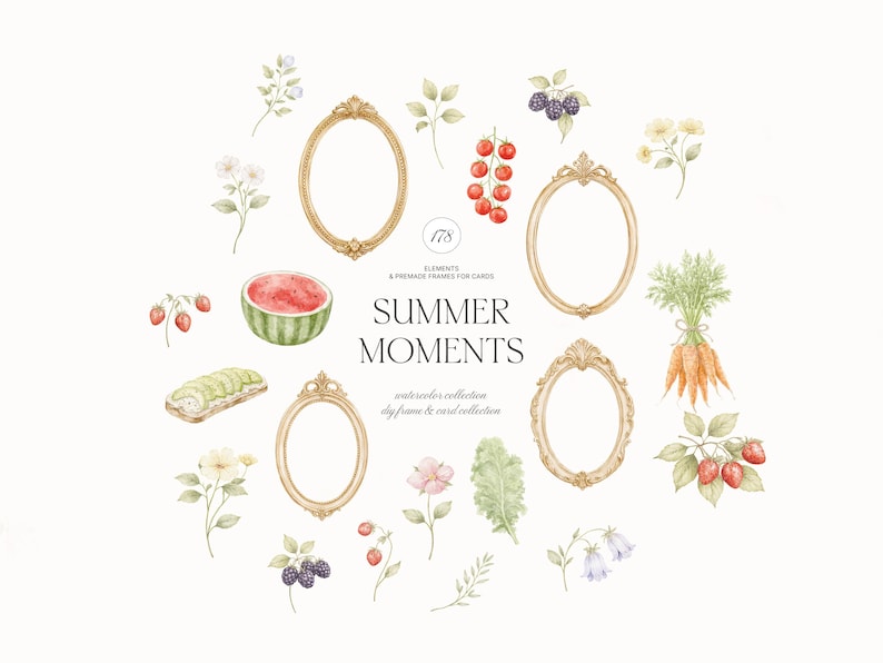 Puede incluir: Ilustraci&oacute;n en acuarela con el texto "Summer Moments" con marcos ovalados dorados, fresas, sand&iacute;a, moras, zanahorias y flores. La imagen es una colecci&oacute;n de elementos y marcos prefabricados para tarjetas.