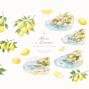 Peut inclure: Une collection d'aquarelles repr&eacute;sentant des citrons jaunes sur des branches feuillues vertes, des tranches de citron et des paysages c&ocirc;tiers m&eacute;diterran&eacute;ens avec de l'eau bleue, des plages et des b&acirc;timents. Le texte indique Mare e Limoni WATERCOLOR COLLECTION.