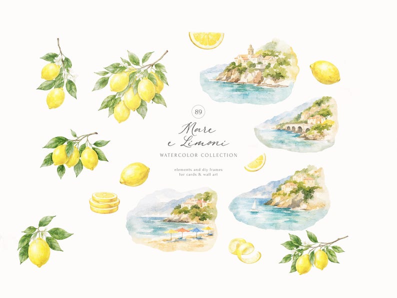 Peut inclure: Une collection d'aquarelles repr&eacute;sentant des citrons jaunes sur des branches feuillues vertes, des tranches de citron et des paysages c&ocirc;tiers m&eacute;diterran&eacute;ens avec de l'eau bleue, des plages et des b&acirc;timents. Le texte indique Mare e Limoni WATERCOLOR COLLECTION.