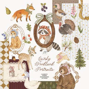 Puede incluir: Una colección de ilustraciones en acuarela de animales del bosque con capotas, incluyendo un mapache en un marco ovalado, un gato, un ciervo, un oso, un pato y un ratón. El texto dice 58 Quirky Woodland Portraits Elements Frames Backgrounds Patterns.