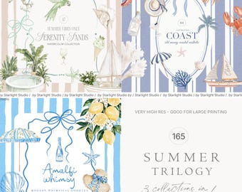 Watercolor Summer Clipart Collection - Summer Bundle - Coastal Summer Bundle Clipart - Watercolor Bundle 3 in 1