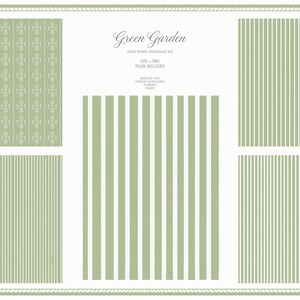 May include: Digital stationery art titled "Green Garden" featuring various patterns. The designs include vertical stripes and a repeating floral motif in shades of green and white. The text indicates the files are SVG and PNG.