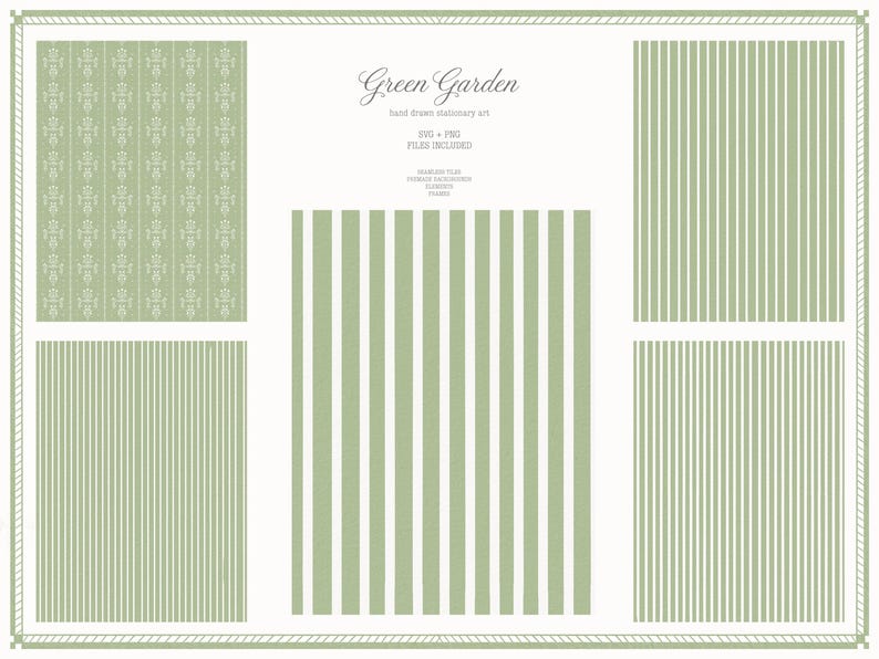 May include: Digital stationery art titled "Green Garden" featuring various patterns. The designs include vertical stripes and a repeating floral motif in shades of green and white. The text indicates the files are SVG and PNG.