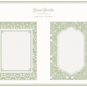 May include: Two premade cards with a green floral design and the text "Green Garden". The cards have a white background with a green border. One card is rectangular, and the other is an arched shape.
