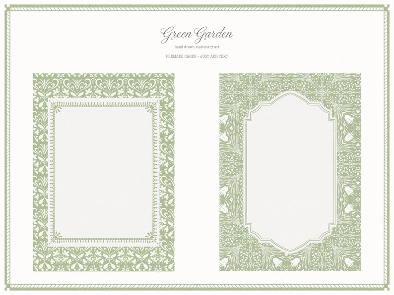 May include: Two premade cards with a green floral design and the text "Green Garden". The cards have a white background with a green border. One card is rectangular, and the other is an arched shape.