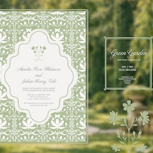 May include: A wedding invitation with a green floral pattern and a decorative frame. The invitation includes the names "Amelia Rose Whitmore and Julian Henry Vale" and the text "Request the pleasure of your company". A smaller graphic reads "Green Garden hand drawn stationary art".