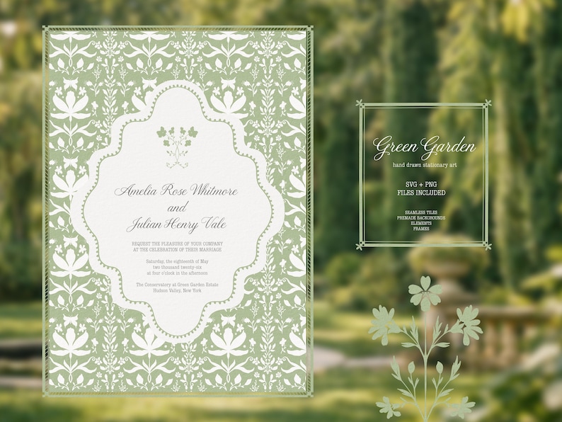 May include: A wedding invitation with a green floral pattern and a decorative frame. The invitation includes the names "Amelia Rose Whitmore and Julian Henry Vale" and the text "Request the pleasure of your company". A smaller graphic reads "Green Garden hand drawn stationary art".