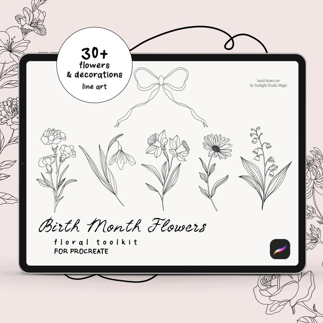 Birth Month Flowers Stamp Brush Set for Procreate - Line Art Procreate ...