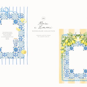 Peut inclure: Deux cadres rectangulaires orn&eacute;s de motifs de carreaux bleus et blancs avec des illustrations de citrons jaunes. Le cadre gauche pr&eacute;sente des rayures bleues et un petit vase, tandis que le droit est d&eacute;cor&eacute; de branches de citronnier.