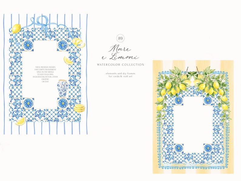 Peut inclure: Deux cadres rectangulaires orn&eacute;s de motifs de carreaux bleus et blancs avec des illustrations de citrons jaunes. Le cadre gauche pr&eacute;sente des rayures bleues et un petit vase, tandis que le droit est d&eacute;cor&eacute; de branches de citronnier.
