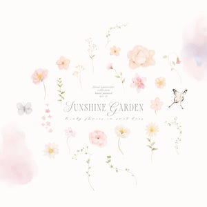 May include: Watercolor floral illustrations in soft pink, peach, and yellow hues, with green foliage and a butterfly. The text reads "Sunshine Garden" and "beauty flowers so sweet here."