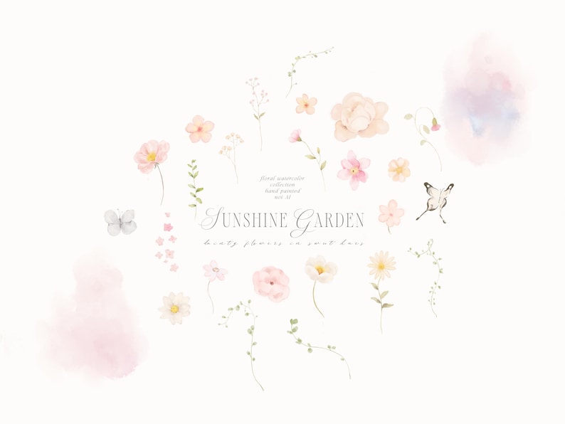 May include: Watercolor floral illustrations in soft pink, peach, and yellow hues, with green foliage and a butterfly. The text reads "Sunshine Garden" and "beauty flowers so sweet here."
