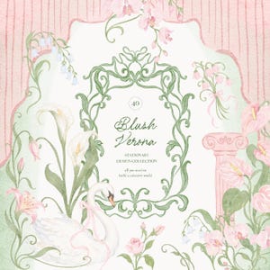 May include: A stationery design collection titled Blush Verona featuring a central green ornate frame, a white swan with a pink ribbon, calla lilies, orchids, and roses against a pale pink and green background with draped curtain motifs.