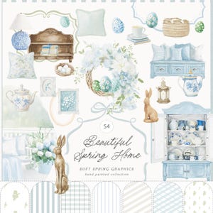 Puede incluir: Ilustración en acuarela de elementos de decoración primaveral. Presenta una combinación de colores azul y blanco con coronas florales, cojines, una figura de conejo y un armario lleno de vajilla. El texto dice "Beautiful Spring Home".