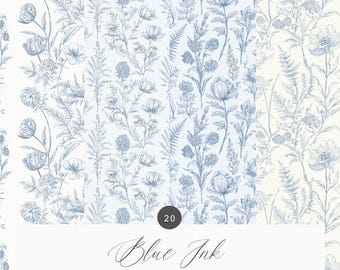 Blue Ink Chinoiserie Seamless Pattern Collection - Blue Toile Seamless Patterns - Blue Vintage Floral Patterns - Scrapbooking