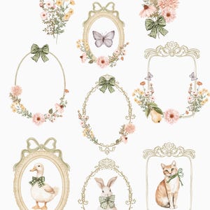 May include: A set of nine hand-painted frames with floral and animal illustrations. The frames are decorated with bows and feature a butterfly, a duck, a rabbit, and a cat. The text "Cottage Heart hand painted collection" is at the top of the image.