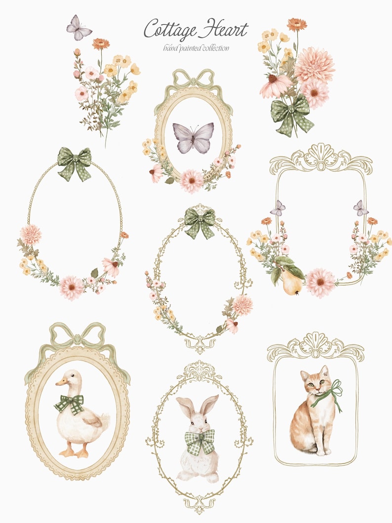 May include: A set of nine hand-painted frames with floral and animal illustrations. The frames are decorated with bows and feature a butterfly, a duck, a rabbit, and a cat. The text "Cottage Heart hand painted collection" is at the top of the image.