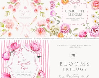 Blooms Trilogy Floral Bundle - Coquette Floral Set - Coquette Clipart - Preppy Flowers - Preppy Floral Watercolor Clipart - Watercolor