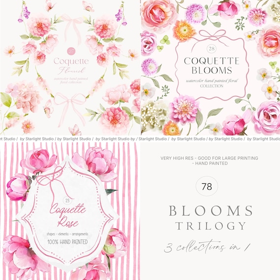 Blooms Trilogy Floral Bundle - Coquette Floral Set - Coquette Clipart - Preppy Flowers - Preppy Floral Watercolor Clipart - Watercolor