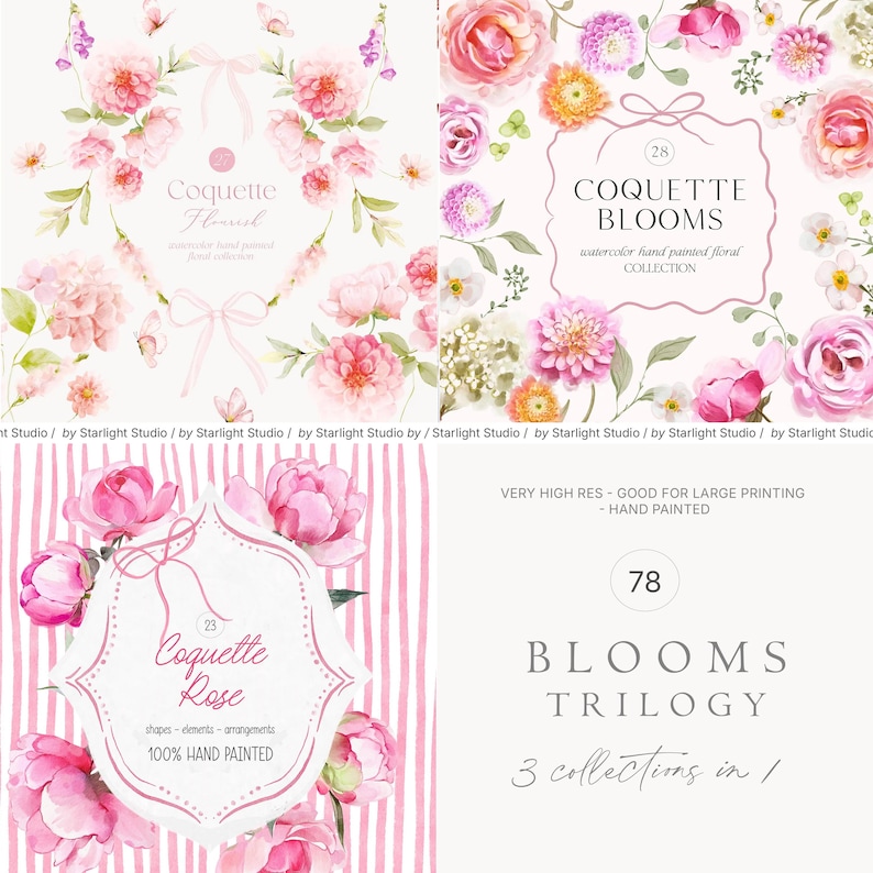 May include: A digital illustration set of 78 watercolor floral elements, including roses, peonies, and other flowers. The set is called "Coquette Blooms Trilogy" and includes three collections: "Coquette Blush", "Coquette Rose", and "Coquette Blooms".