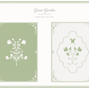 May include: Two stationery cards with floral designs. The left card is sage green with a white floral illustration. The right card is off-white with a green butterfly and floral design. The cards are labeled "Green Garden".