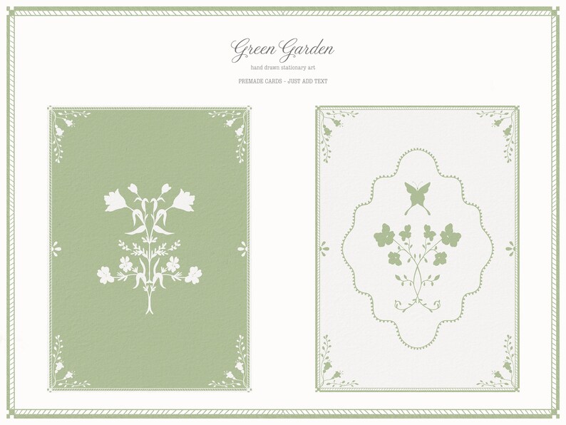 May include: Two stationery cards with floral designs. The left card is sage green with a white floral illustration. The right card is off-white with a green butterfly and floral design. The cards are labeled "Green Garden".