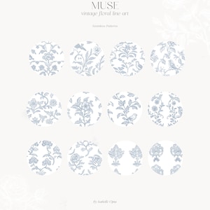 Op de afbeelding: Negen verschillende vintage bloemlijnkunstpatronen in blauw op een witte achtergrond. De patronen zijn gerangschikt in een raster van drie rijen en drie kolommen. De tekst "MUSE vintage floral line art Seamless Patterns" staat bovenaan de afbeelding.