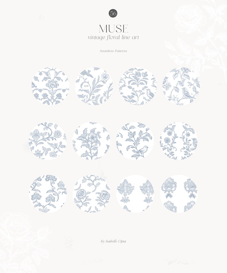 Op de afbeelding: Negen verschillende vintage bloemlijnkunstpatronen in blauw op een witte achtergrond. De patronen zijn gerangschikt in een raster van drie rijen en drie kolommen. De tekst "MUSE vintage floral line art Seamless Patterns" staat bovenaan de afbeelding.