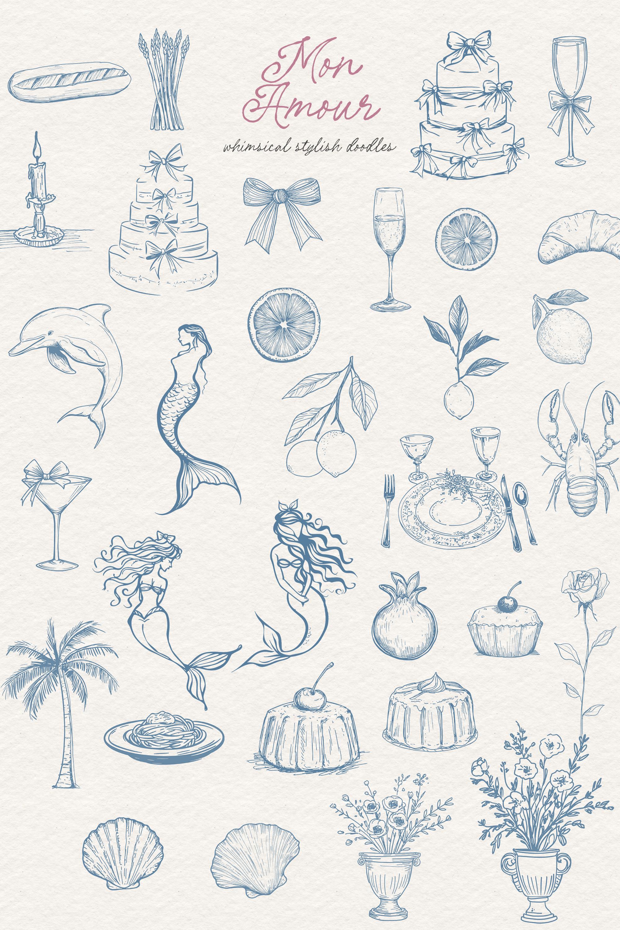 Whimsy Line Drawing Whimsical Doodle Line Art Romance Clipart - French Style Line Art ...