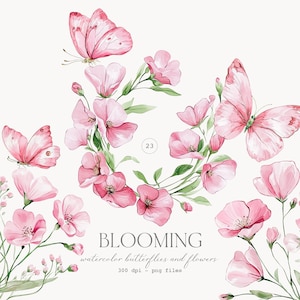 Aquarel wilde roze bloemen - clipart vlinder - bloemen en vlinder aquarel collectie - roze wilde bloemen clipart