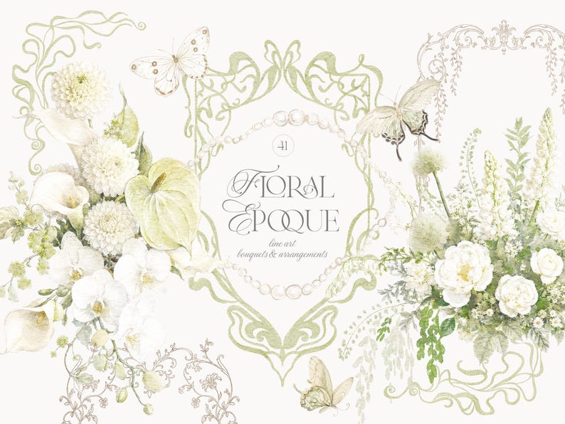 Pu&ograve; includere: Un'illustrazione digitale con bouquet di fiori bianchi, fogliame verde, farfalle e una cornice decorata. Il testo centrale recita Floral Epoque line art bouquets & arrangements. Il design include perle e un dettagliato lavoro a linee.